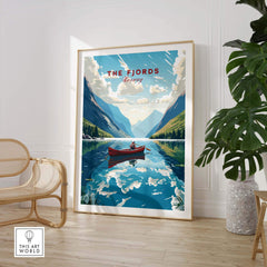 Fjords Wall Art Norway featuring a serene landscape and a boat, evoking the beauty of Norwegian nature in a stylish interior setting.