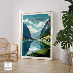Norway Fjords travel poster showcasing stunning mountains and water, perfect for home décor or office art.