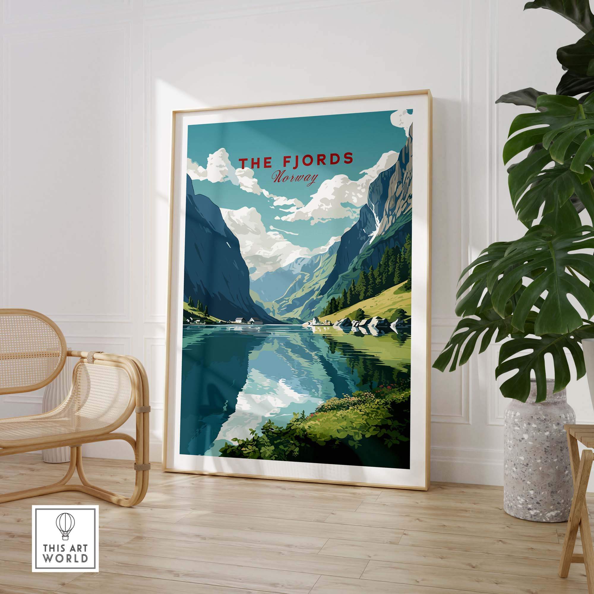 Norway Fjords travel poster showcasing stunning mountains and water, perfect for home décor or office art.