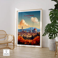 Florence Italy art print showcasing the Cathedral of Santa Maria del Fiore and a beautiful Tuscan landscape.