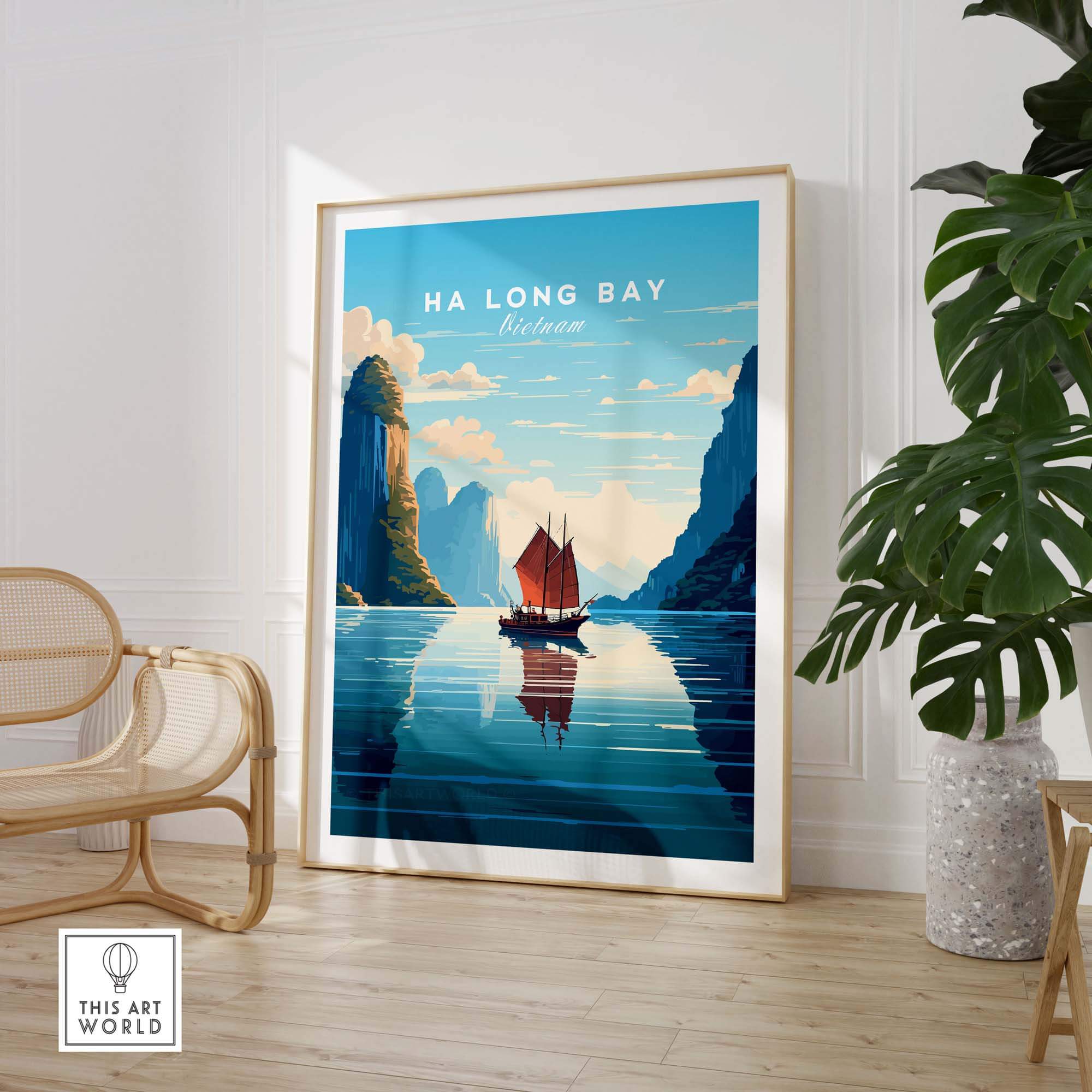 Ha Long Bay poster featuring a Junk Boat sailing through turquoise waters, perfect for home decor and travel inspiration.