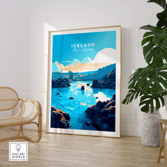 Blue Lagoon Iceland poster artwork featuring vibrant blues and serene landscapes, perfect for wall decor.