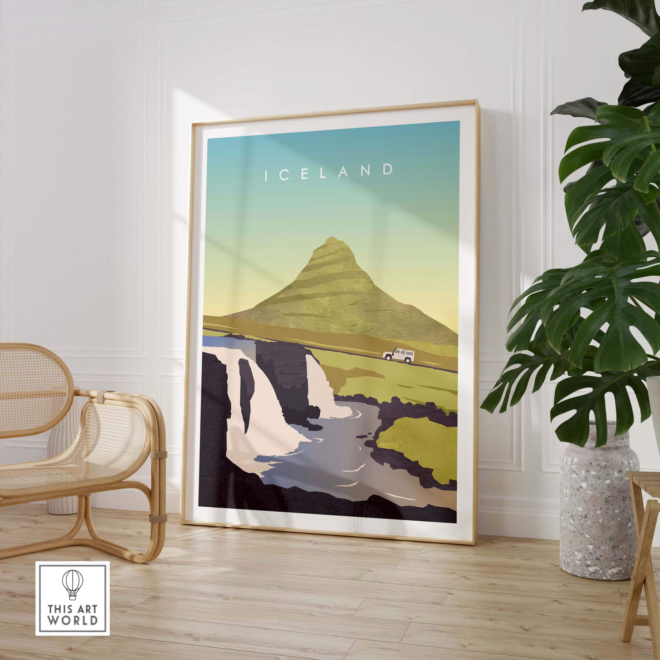 Large framed poster of Iceland in a minimalist style. The minimalist travel poster features a Land Rover climbing a hill in Iceland in light green colors.