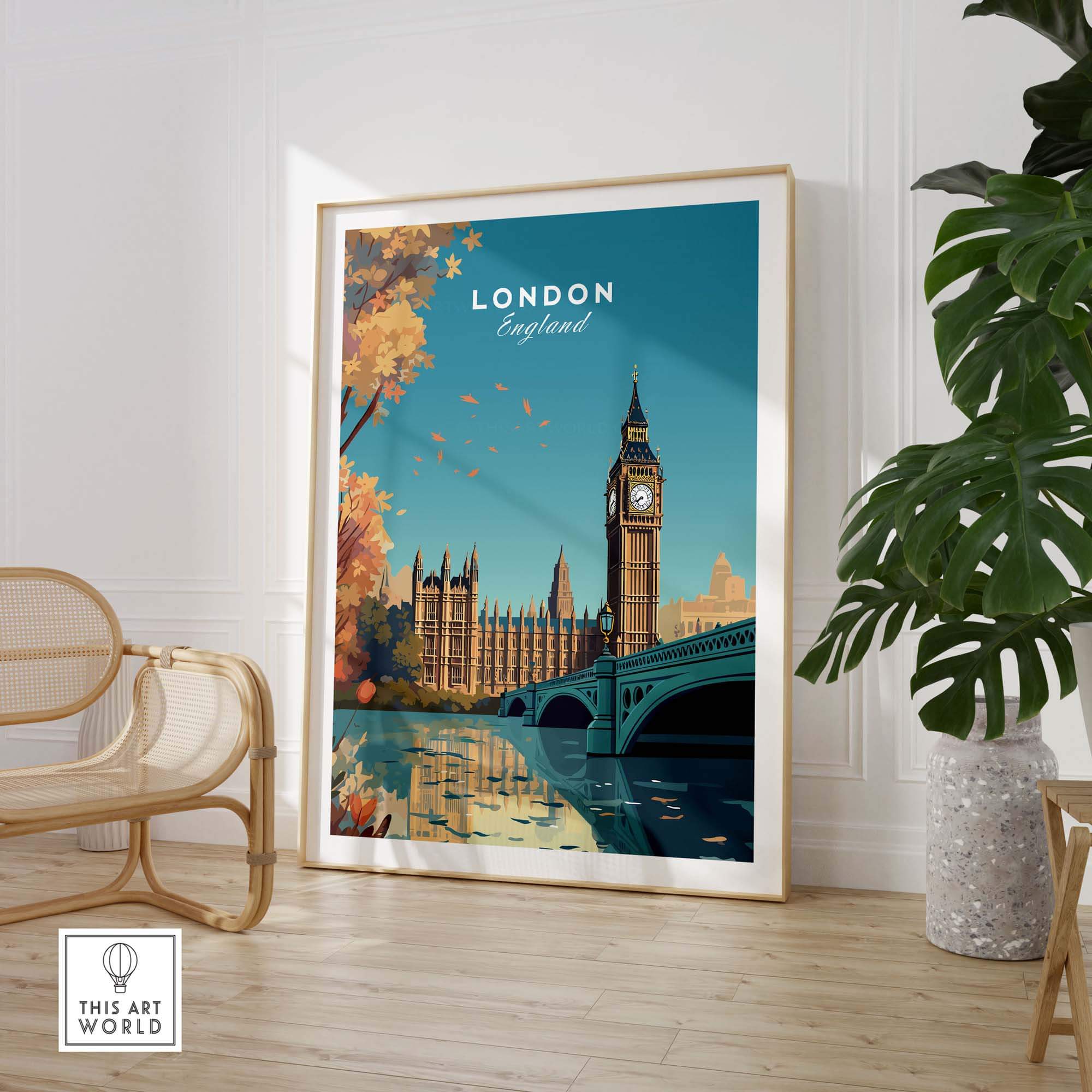 London Wall Art Print featuring Big Ben and iconic landmarks, perfect for home decor and gallery walls.