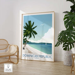 Dominican Republic wall art print featuring palm trees and a serene beach scene, perfect for home decor.