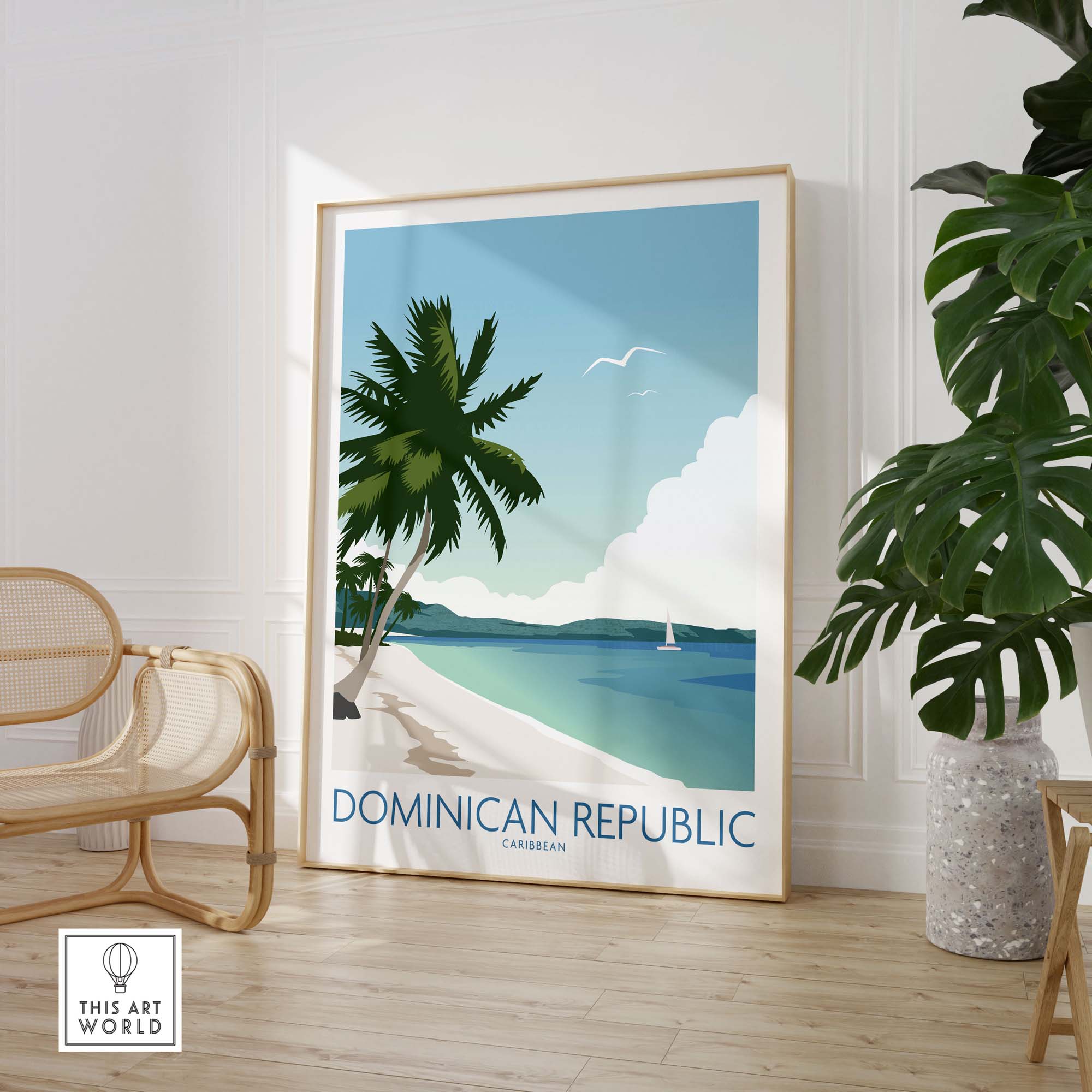 Dominican Republic wall art print featuring palm trees and a serene beach scene, perfect for home decor.