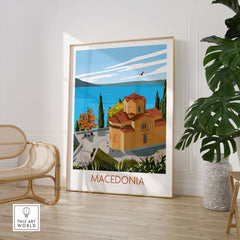Colorful Macedonia wall art print showcasing a picturesque landscape and architecture, perfect for home décor.