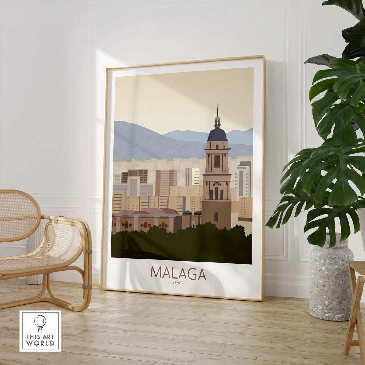Malaga Wall Art Print featuring a stylized cityscape of Malaga, Spain, showcased in a modern living room setting.