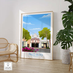 Palo Alto wall art print featuring the historic Palo Alto Theatre, framed in a stylish interior setting.