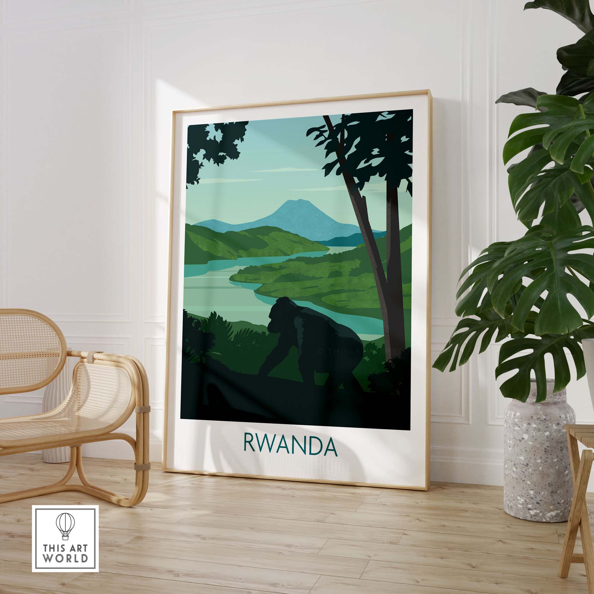 Rwanda Mountain Gorilla wall art print showcasing vibrant colors and lush greenery in a stylish home setting.