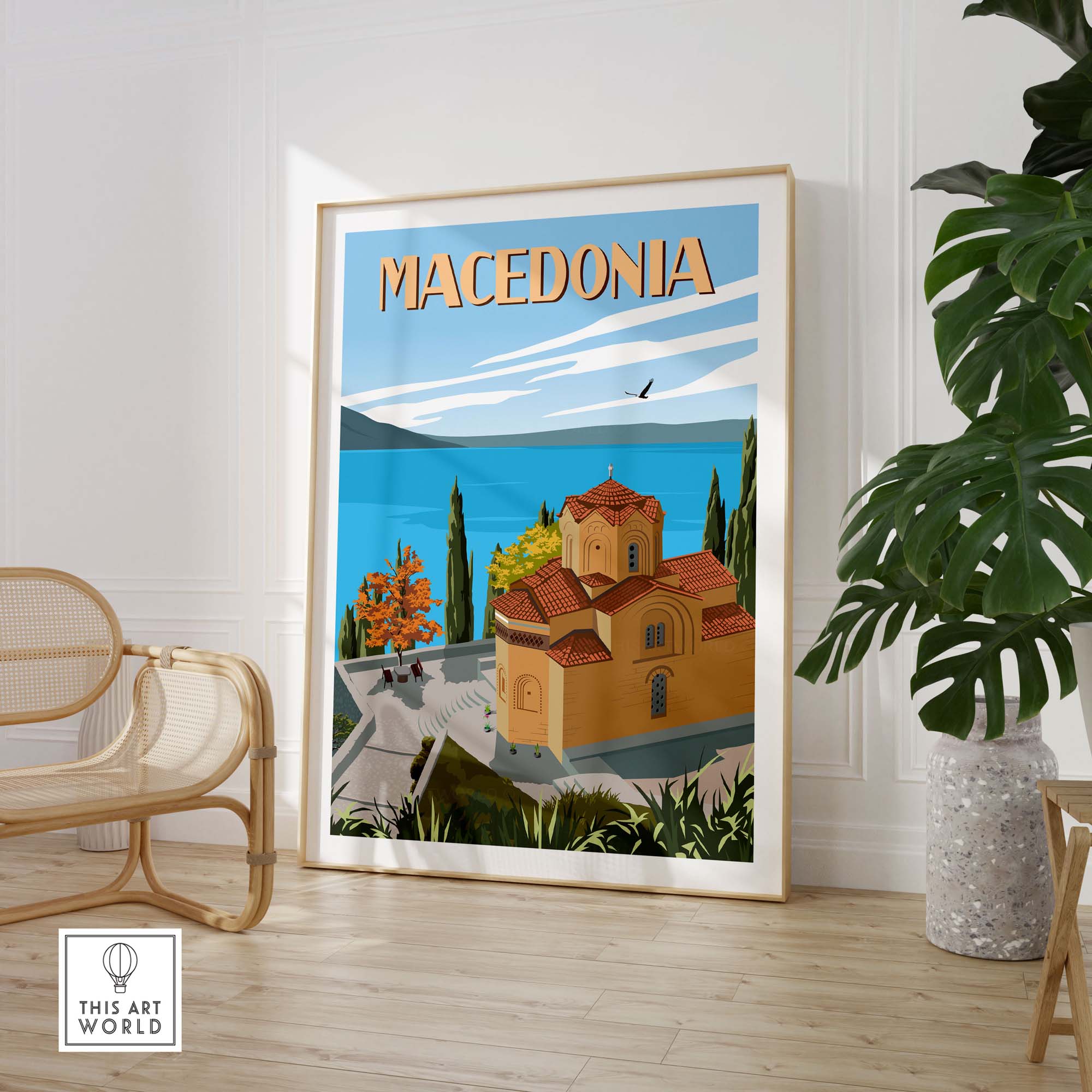 Macedonia travel poster print featuring a beautiful landscape and vibrant colors, perfect for stylish wall art.