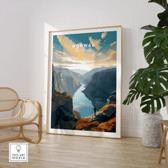 Fjord Wall Art Print featuring scenic Norwegian landscape with mountains and water, ideal for home decor.