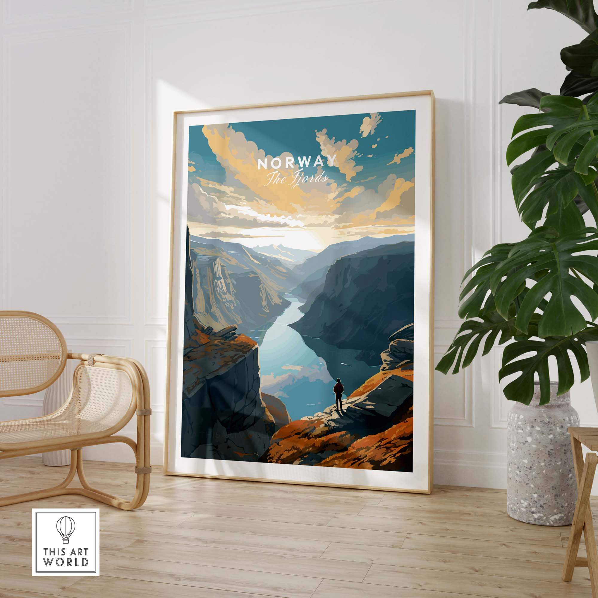 Fjord Wall Art Print featuring scenic Norwegian landscape with mountains and water, ideal for home decor.
