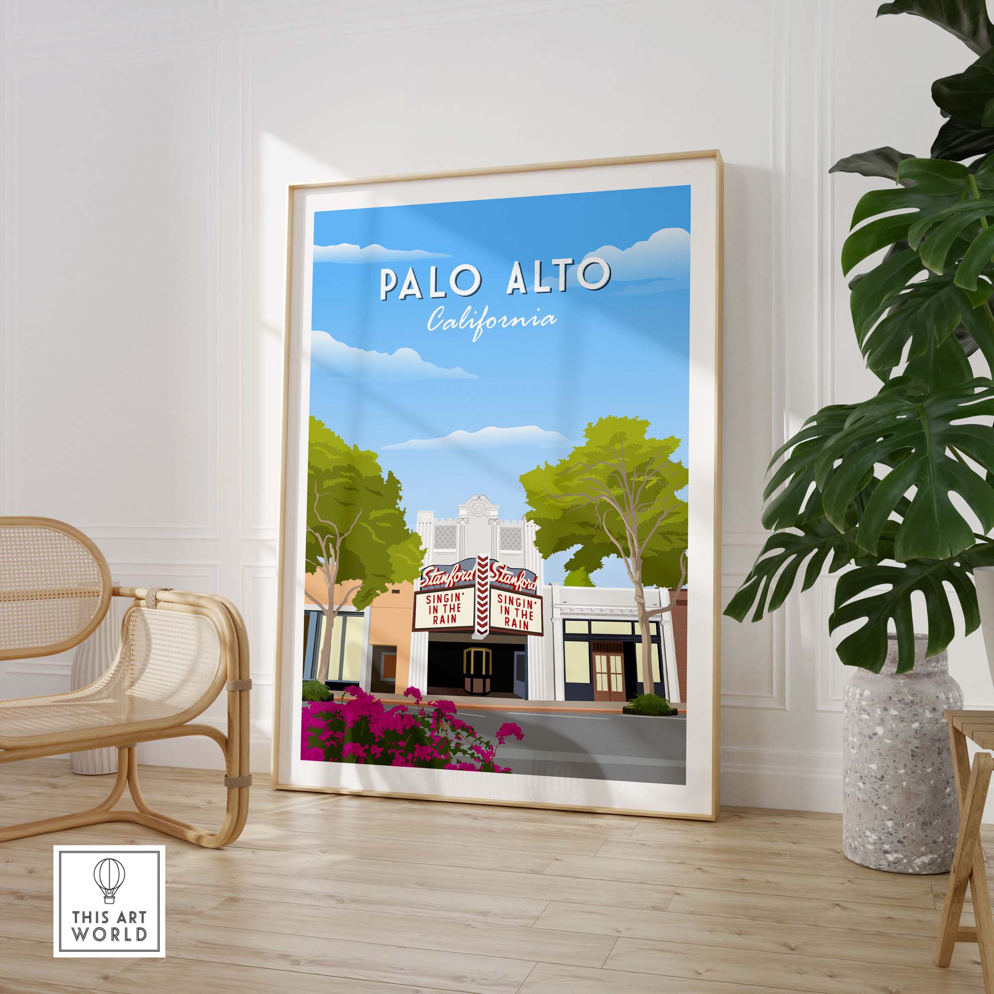 Palo Alto California travel poster print featuring iconic Stanford theatre in a stylish home setting.