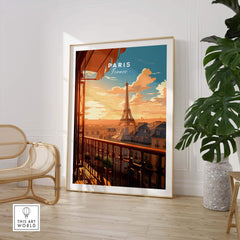 Paris Eiffel Tower poster showcasing a sunset view from a balcony, adding charm to any living space.