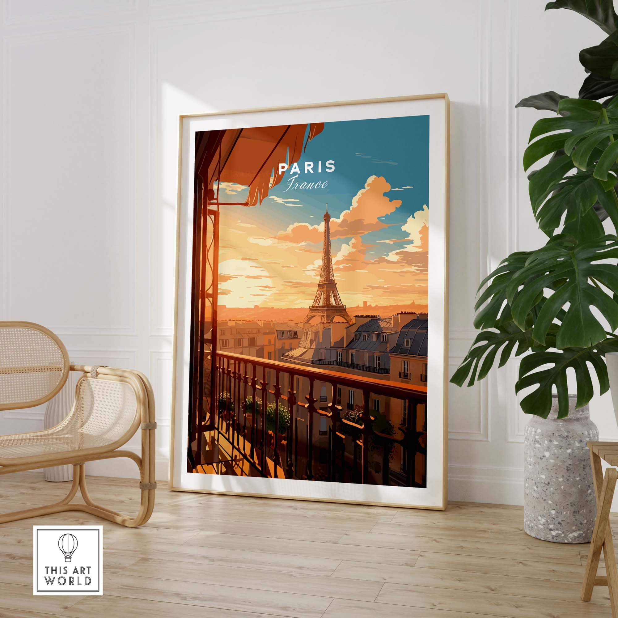Paris Eiffel Tower poster showcasing a sunset view from a balcony, adding charm to any living space.