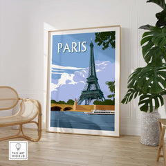Eiffel Tower travel poster print in a stylish living room setting, showcasing Parisian art decor.