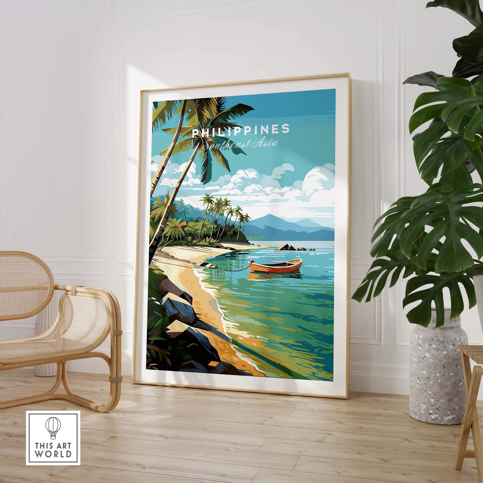 Vibrant Philippines art print featuring tropical beach scene, palm trees, and a boat; perfect for home decor.