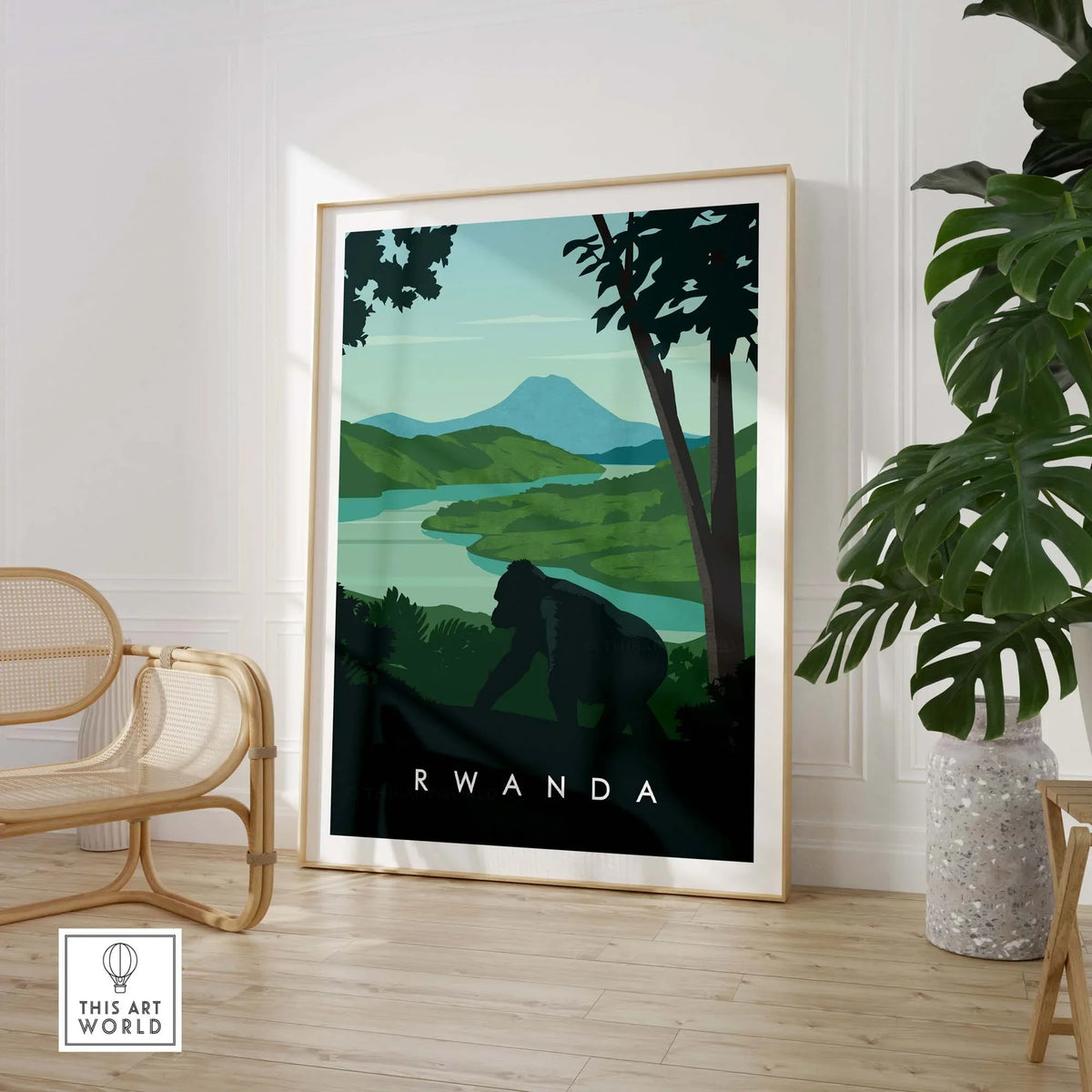 Rwanda travel poster print featuring mountain gorillas in a lush green landscape, perfect for safari-themed decor.