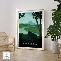 Rwanda travel poster print featuring mountain gorillas in a lush green landscape, perfect for safari-themed decor.