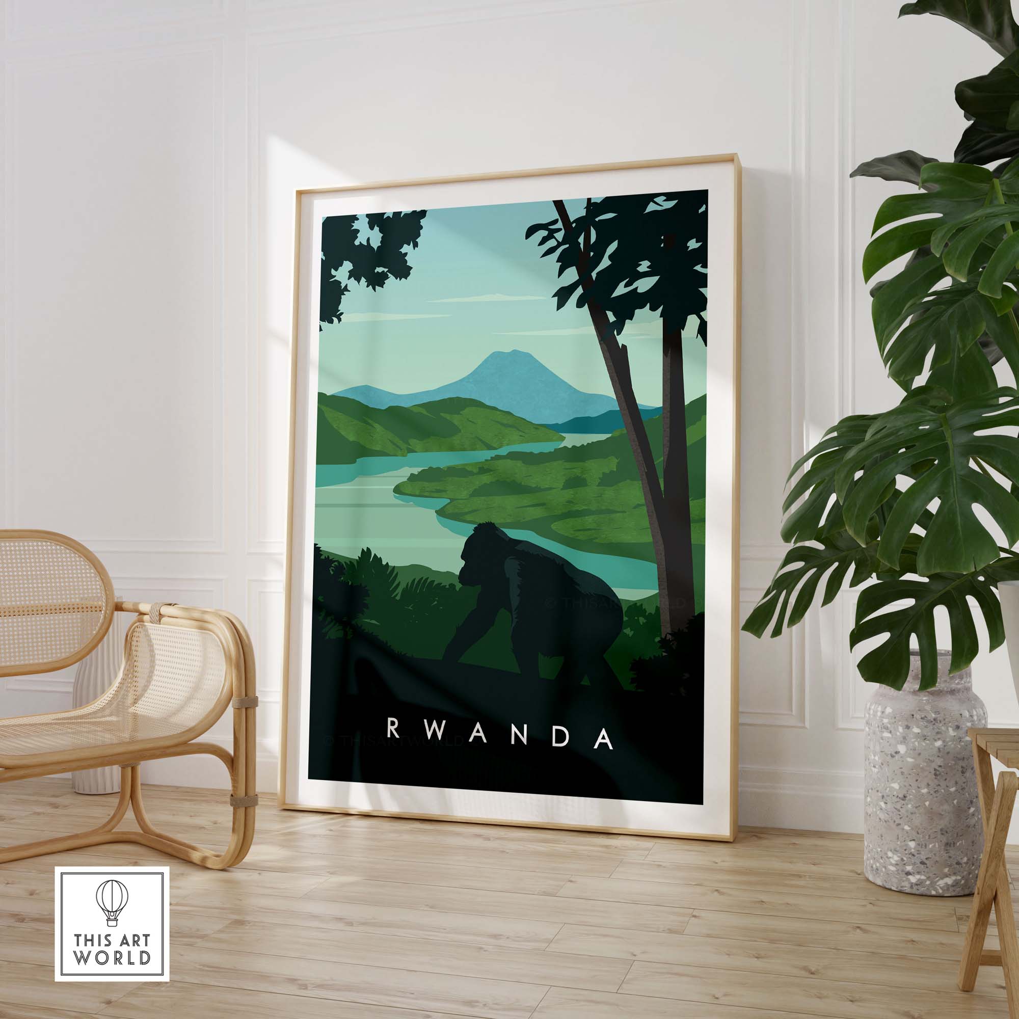 Rwanda travel poster print featuring mountain gorillas in a lush green landscape, perfect for safari-themed decor.