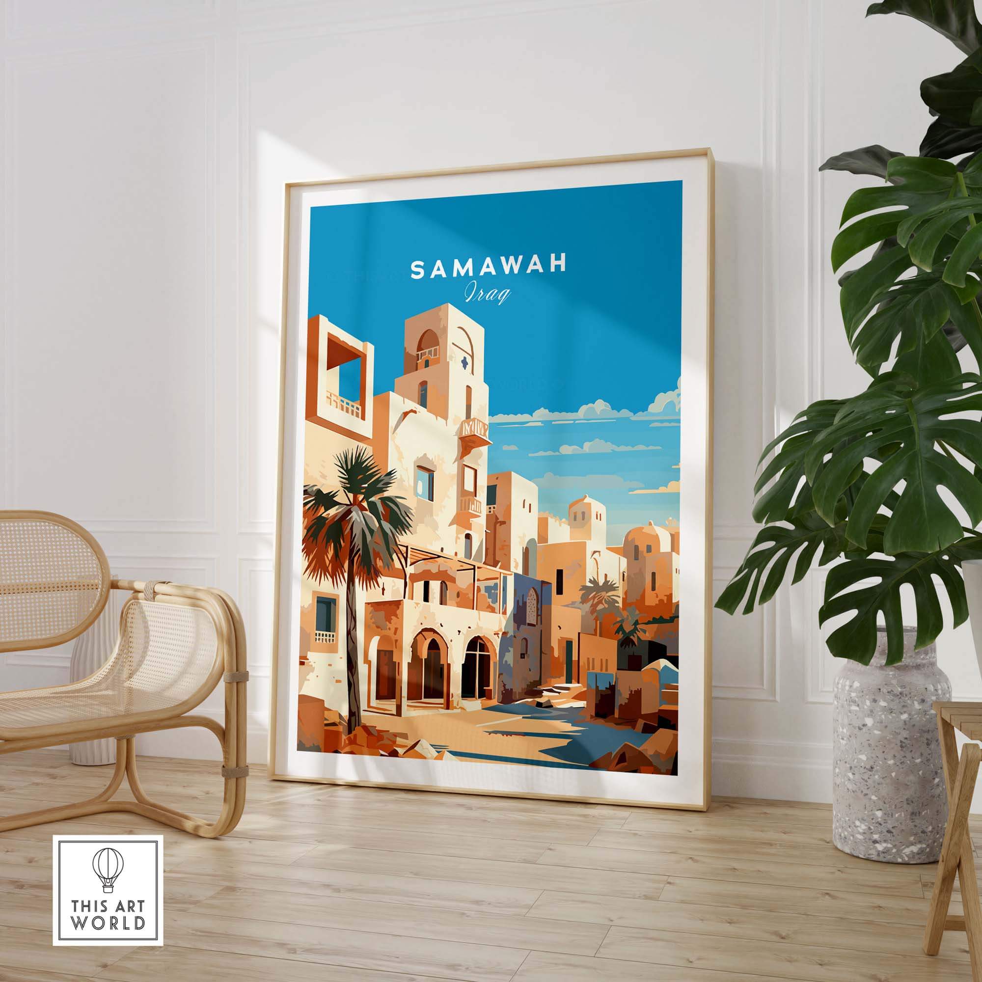 Samawah Iraq travel poster print showcasing Middle Eastern architecture and vibrant colors for home decor.