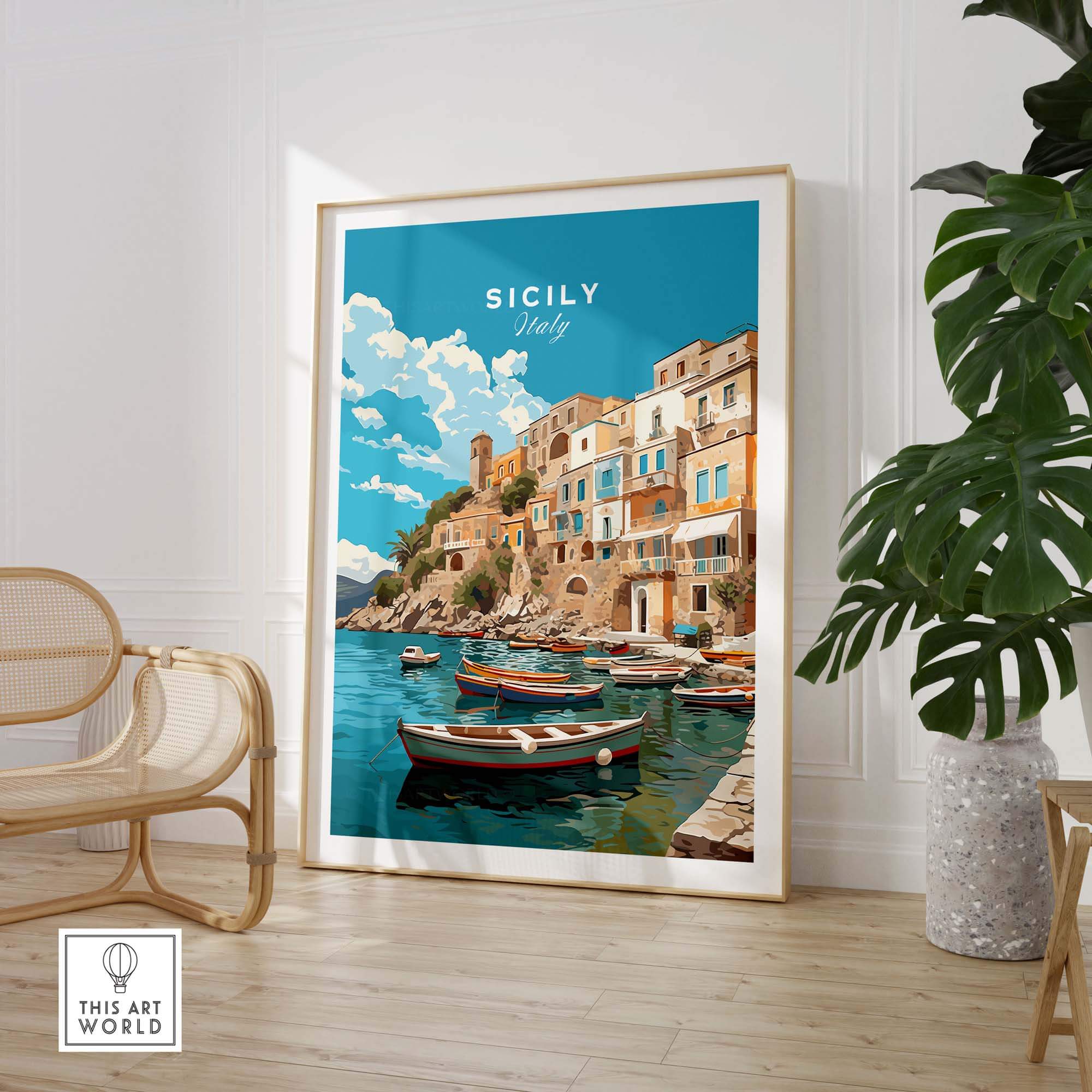 Sicily Wall Art Print featuring a coastal scene with colorful boats and buildings, perfect for Italian decor.