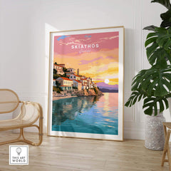 Vibrant Skiathos Greece travel poster print showcasing coastal beauty and Mediterranean charm, ideal for home decor.