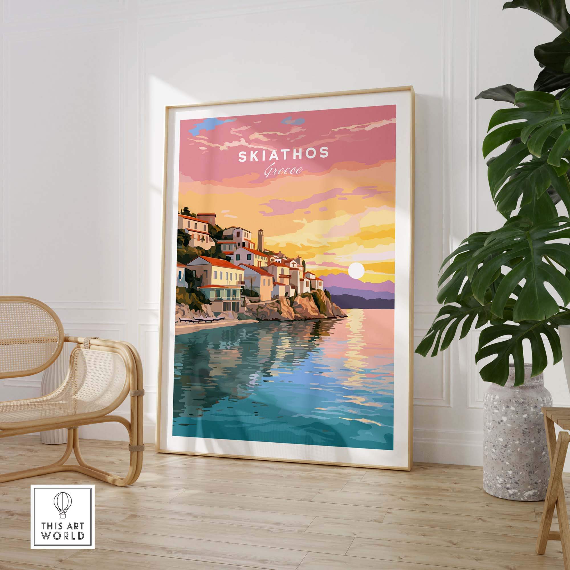 Vibrant Skiathos Greece travel poster print showcasing coastal beauty and Mediterranean charm, ideal for home decor.