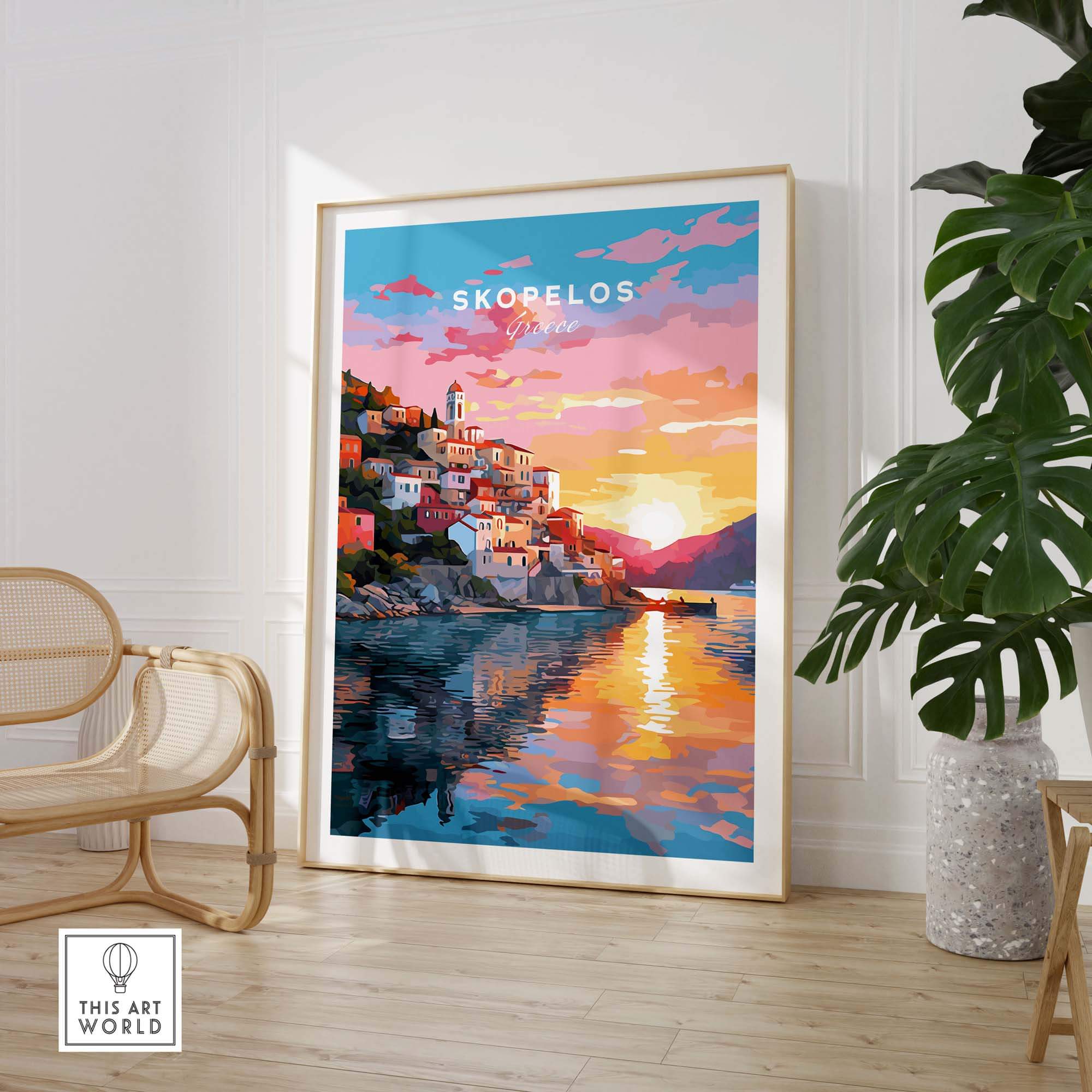 Vibrant Skopelos Greece travel poster print featuring colorful sunset over coastal buildings.