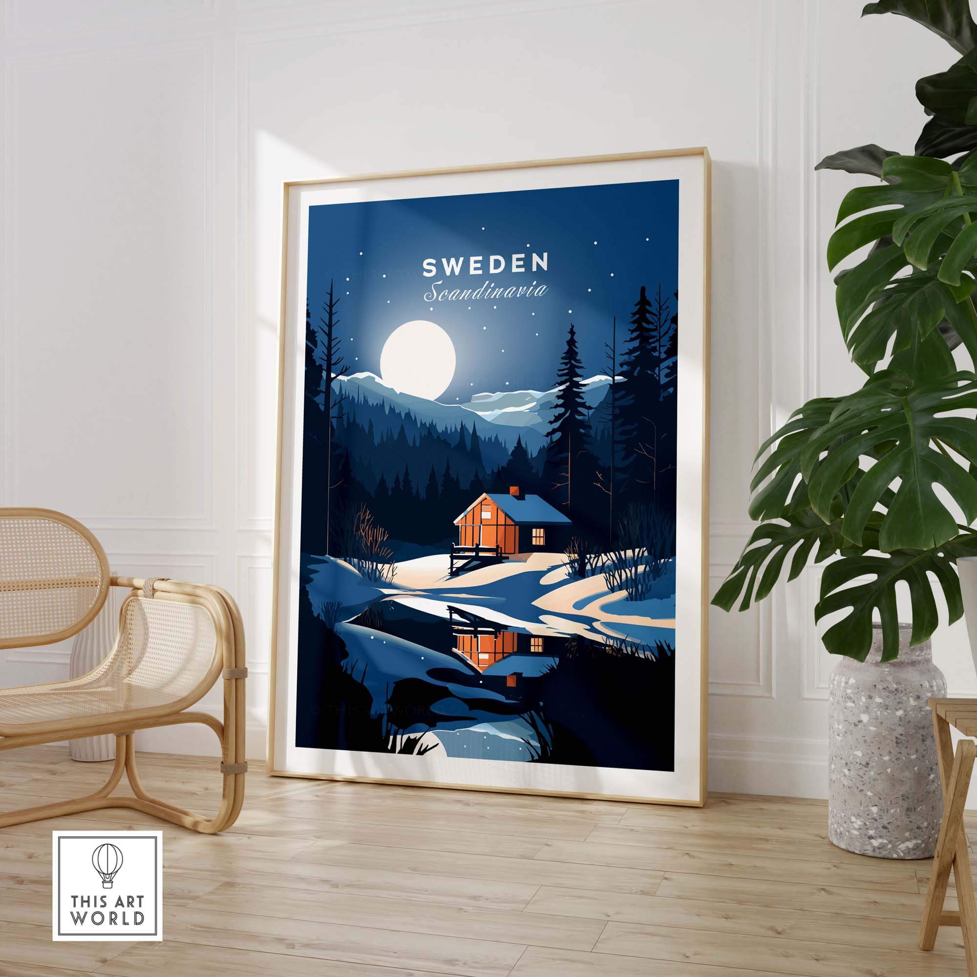 Sweden art print showcasing a cozy cabin in a serene landscape with mountains and a full moon, framed and ready to hang.