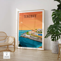 Tenerife Spain travel poster print featuring coastal views and warm colors, perfect for wall decor.