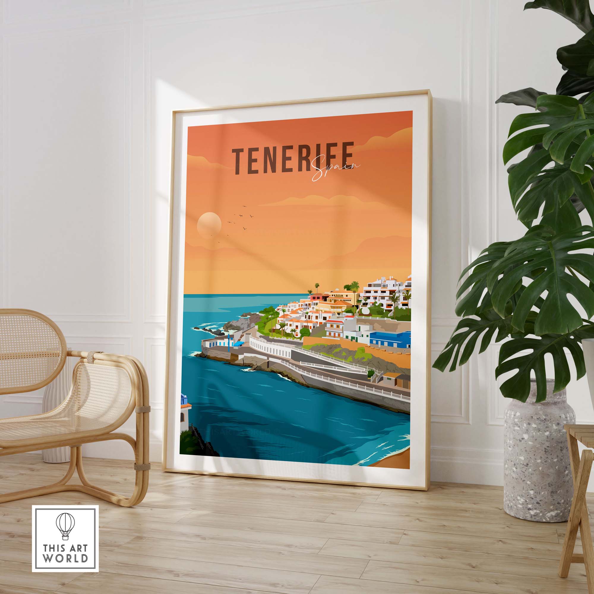 Tenerife Spain travel poster print featuring coastal views and warm colors, perfect for wall decor.