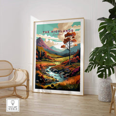 Vibrant Scottish Highlands wall art showcasing scenic landscapes, featuring mountains, trees, and a flowing river in a stylish decor setting.