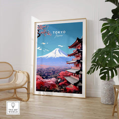 Tokyo travel poster featuring Mount Fuji and cherry blossoms, perfect for home decor and gift ideas.