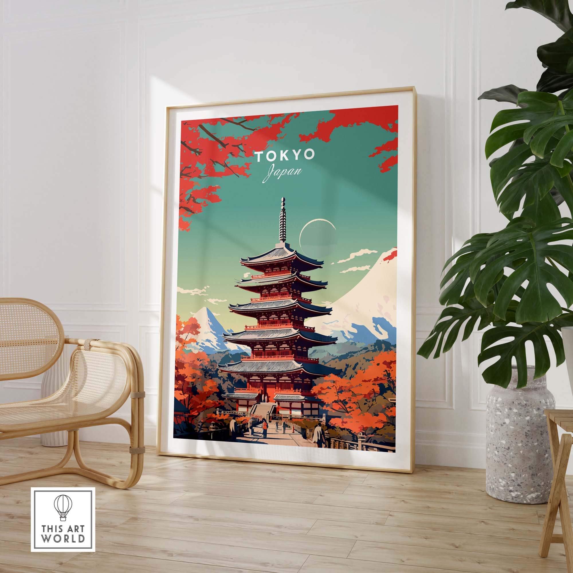Tokyo Japan poster featuring a pagoda and colorful autumn leaves, perfect for home decor and art lovers.