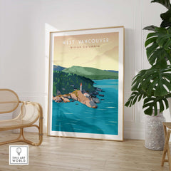 Vibrant West Vancouver BC travel poster print showcasing coastal landscape and lighthouse in home decor setting.