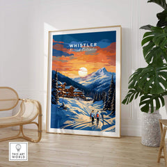 Whistler Ski Resort sunset poster featuring snowy landscape, perfect for ski enthusiasts. Canada ski poster gift.