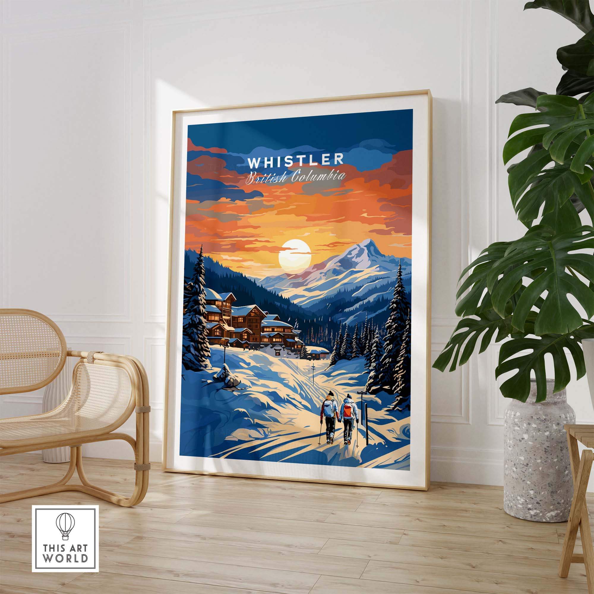 Whistler Ski Resort sunset poster featuring snowy landscape, perfect for ski enthusiasts. Canada ski poster gift.