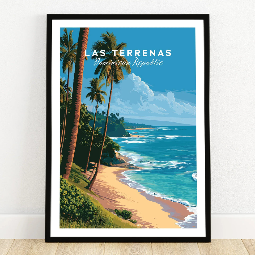 Las Terrenas Dominican Republic travel poster with palm trees, beach, and ocean, framed wall art