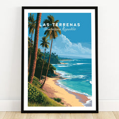 Las Terrenas Dominican Republic travel poster with palm trees, beach, and ocean, framed wall art