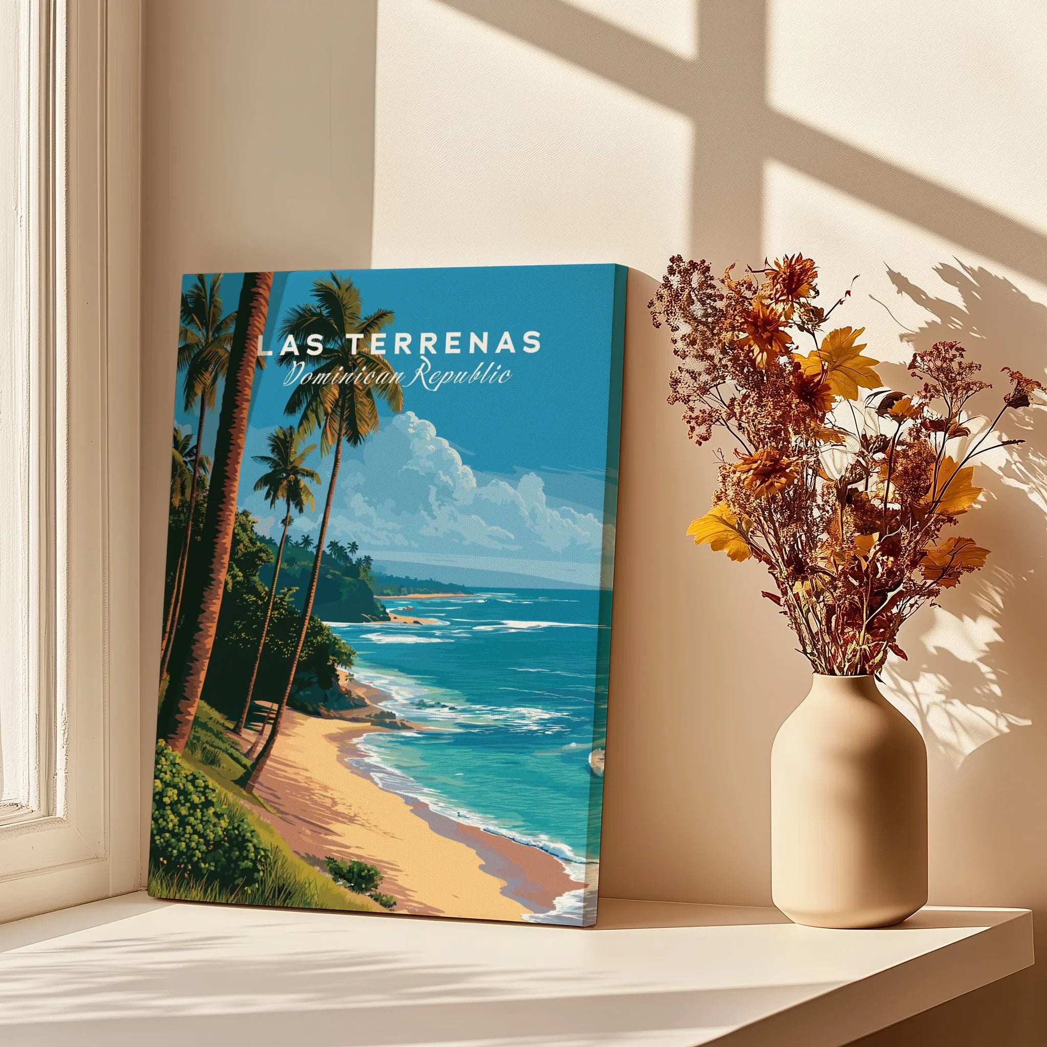 Las Terrenas Dominican Republic travel poster with palm trees, beach, and ocean, displayed on windowsill with dried flowers.