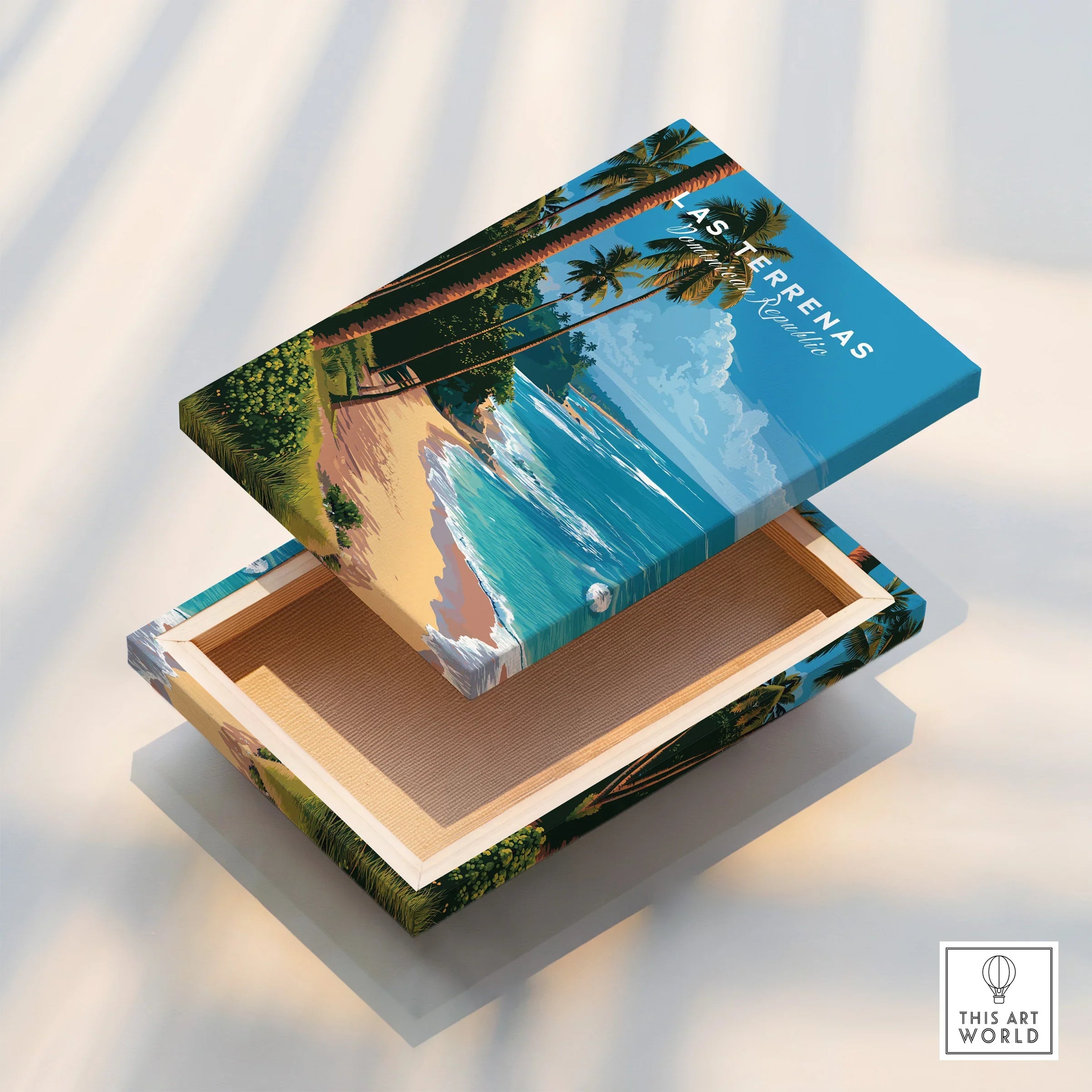 Las Terrenas travel poster print featuring tropical beach, palm trees, and turquoise ocean, ideal for wall art decor.