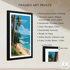 Framed Las Terrenas travel poster with palm trees, beach, and ocean, ideal for wall art decor