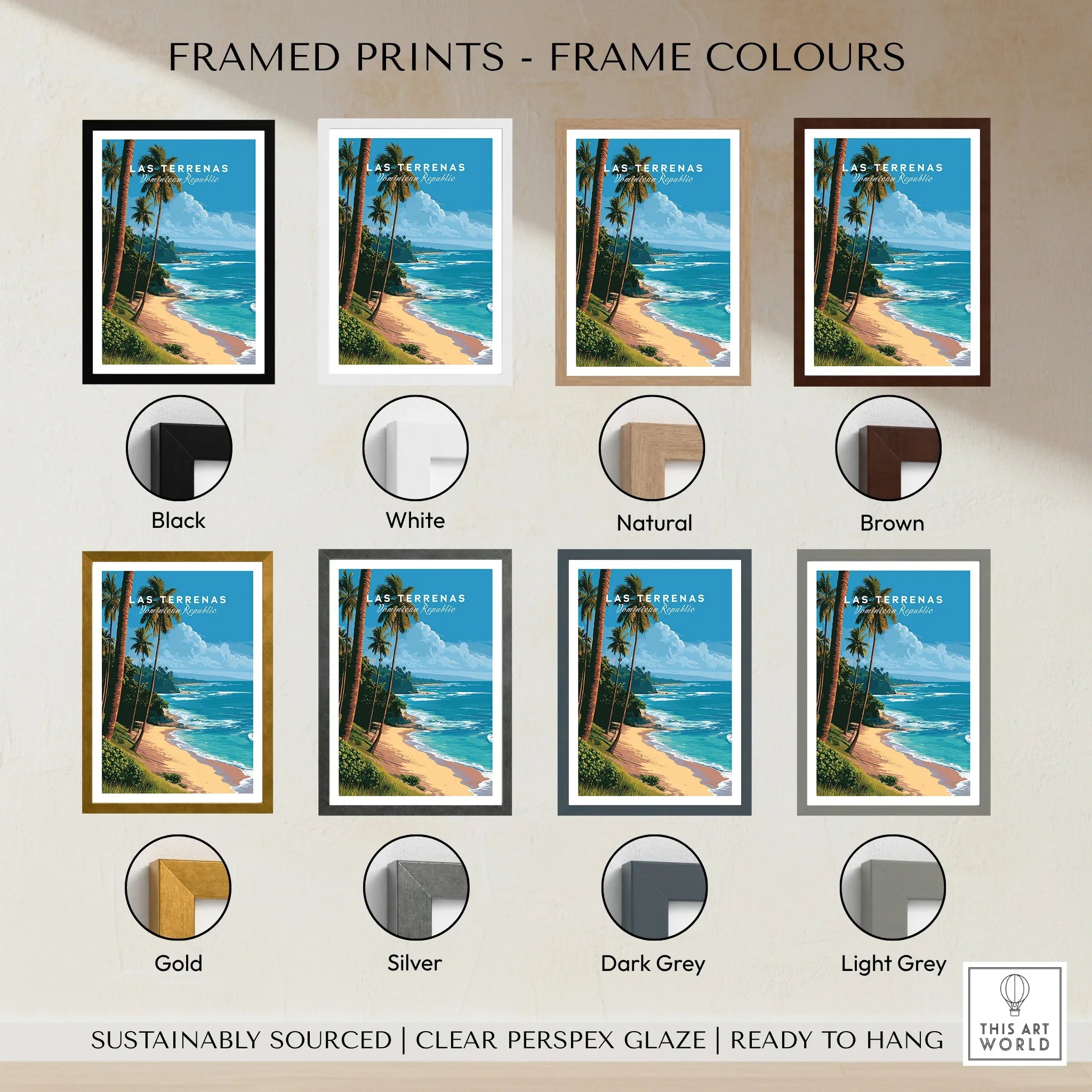 Las Terrenas travel poster in 8 frame colors: black, white, natural, brown, gold, silver, dark grey, light grey
