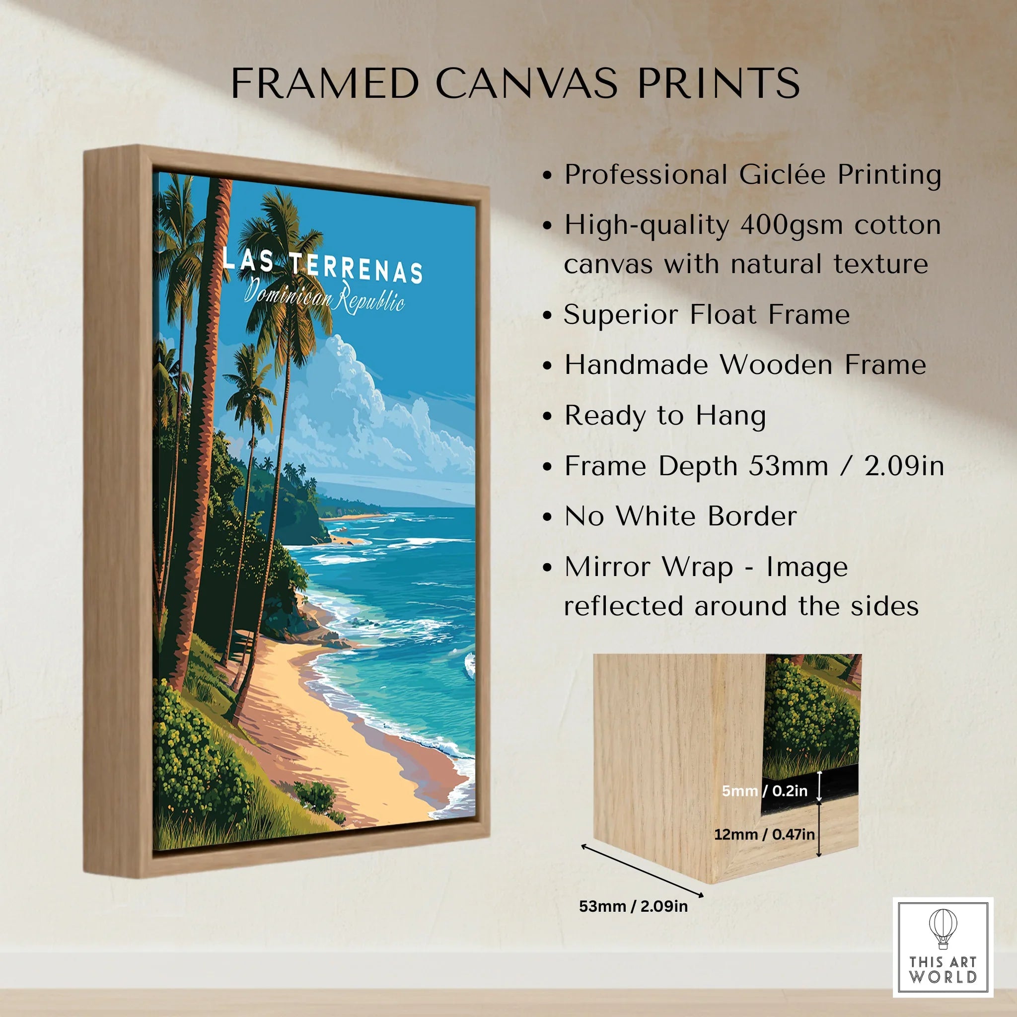 Las Terrenas beach travel poster in wooden frame, tropical palm trees, ocean view, ready to hang wall art