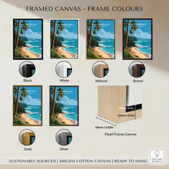 Las Terrenas beach travel poster in black, white, natural, brown, gold, silver frames. Float frame canvas, ready to hang.
