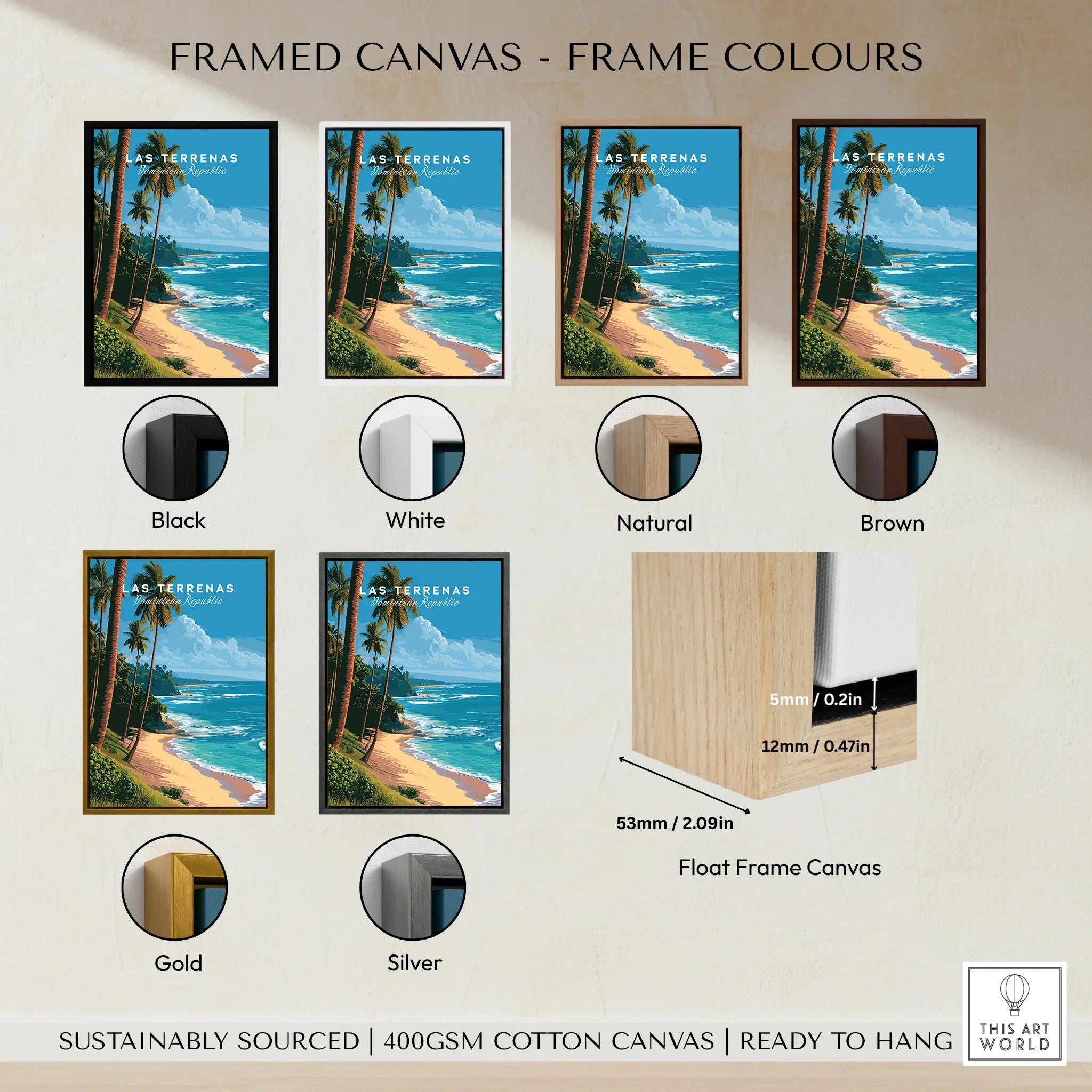 Las Terrenas beach travel poster in black, white, natural, brown, gold, silver frames. Float frame canvas, ready to hang.