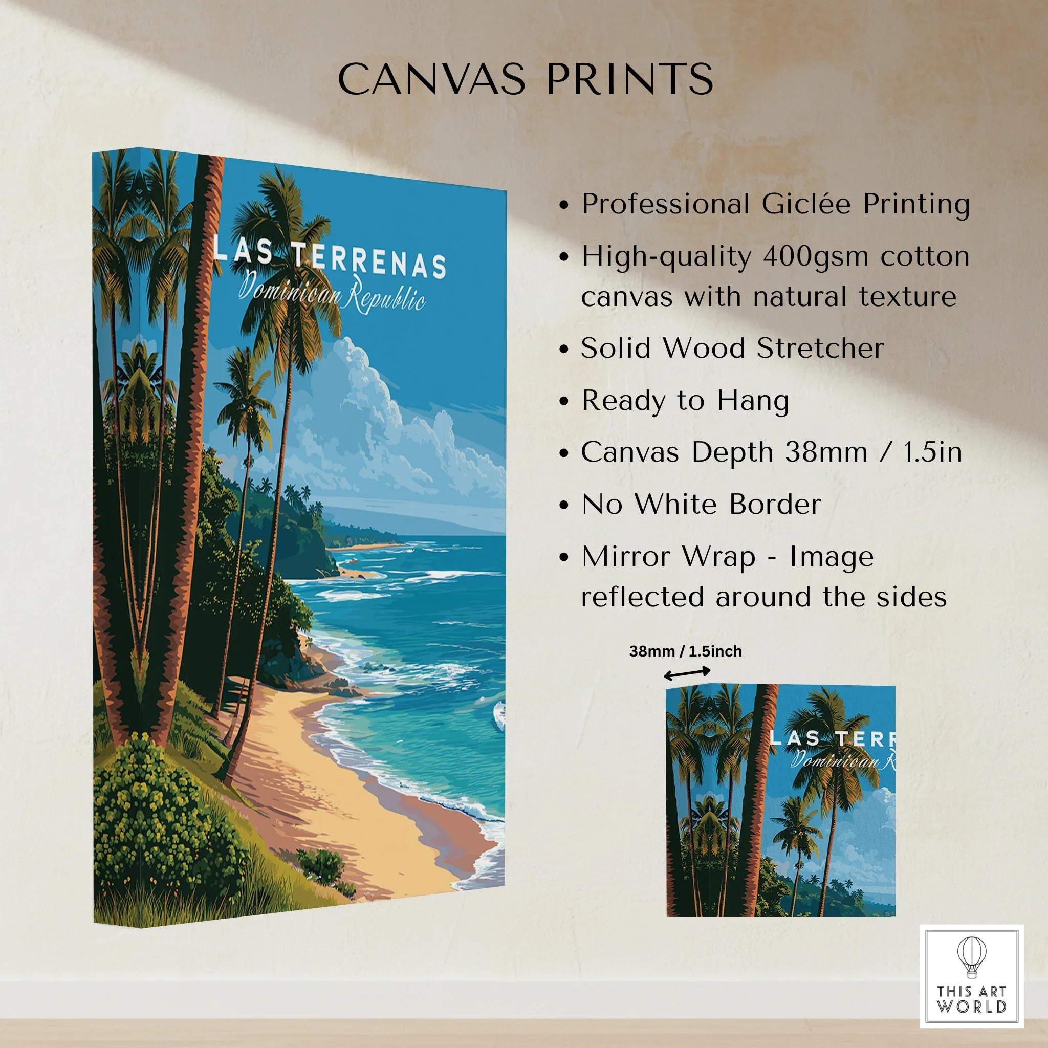 Las Terrenas Dominican Republic travel poster canvas print with palm trees and beach, ready to hang wall art