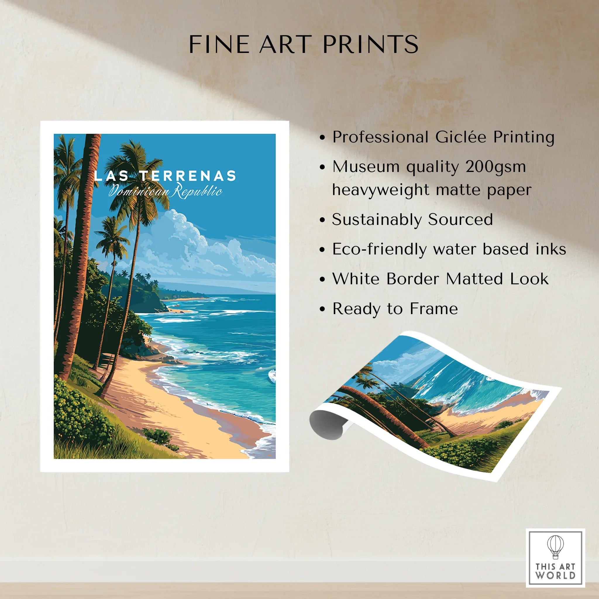 Las Terrenas Dominican Republic travel poster with palm trees, beach, and ocean, fine art print ready to frame